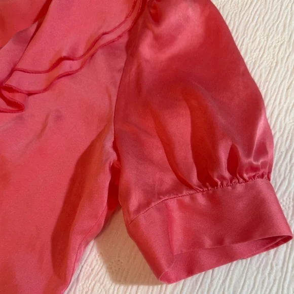 Silk Blouse Short Sleeve coral pink size 8 ruffles v-neck - Picture 5 of 9